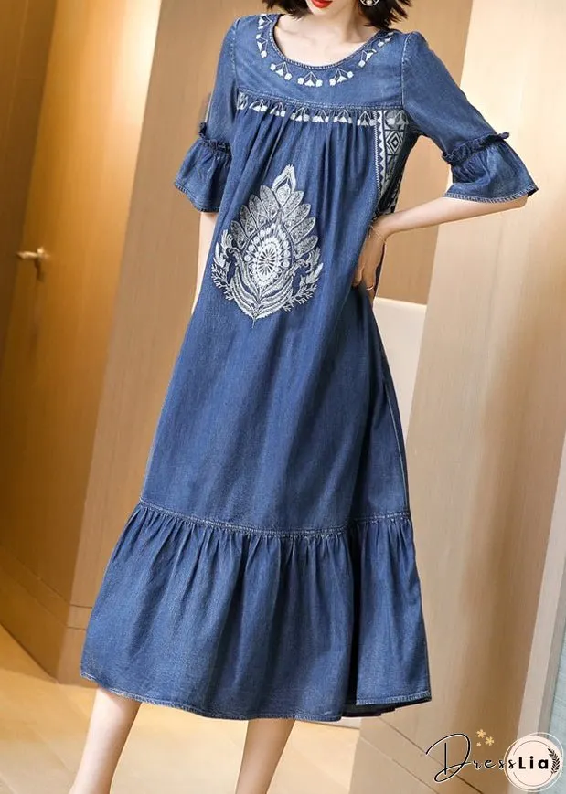 Plus Size Blue O-Neck Embroideried Ruffles Cotton Denim Dress Flare Sleeve