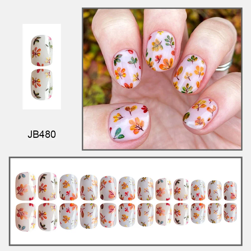 Churchf Churchf And Winter Atmosphere Sense Maple Leaf Thanksgiving Day Elegant And Fashionable Versatile Show White Fake Nail Leaves Finished Nail 24 Pieces