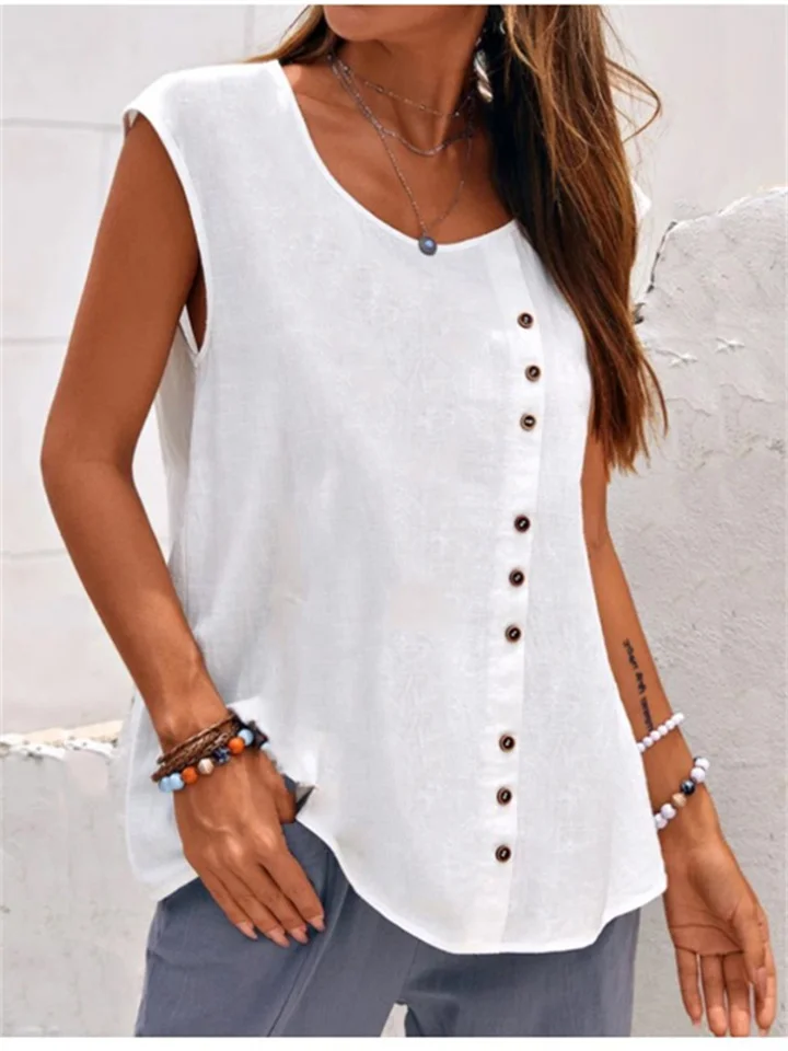 Women's Tank Top Black White Blue Plain Button Sleeveless Casual Weekend Basic Round Neck Regular Linen S