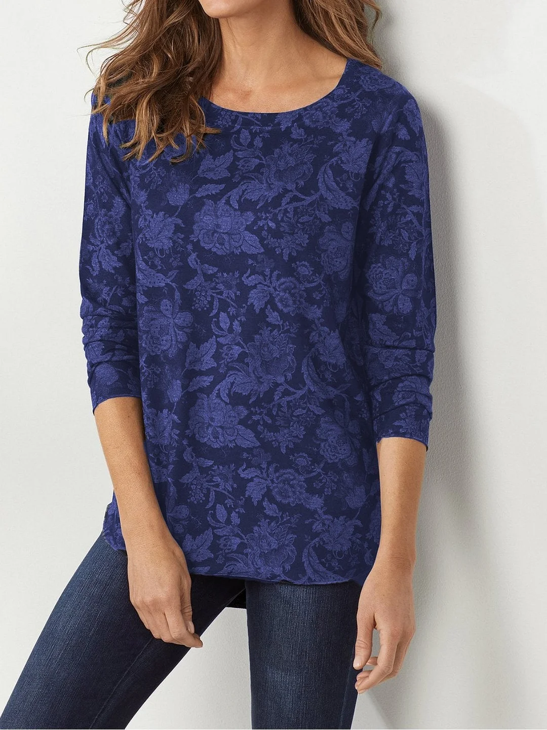 Casual Floral Round Neck Long Sleeve Shirts & Tops | EGEMISS