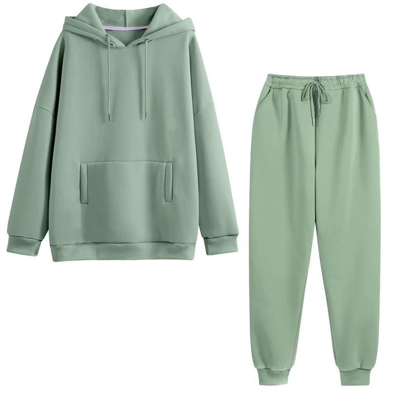 Autumn Winter Tracksuit Women Two Piece Set Fleece Oversized Sweatshirt and Long Pants Casual Solid Hooded Sport Suit Set Outfit
