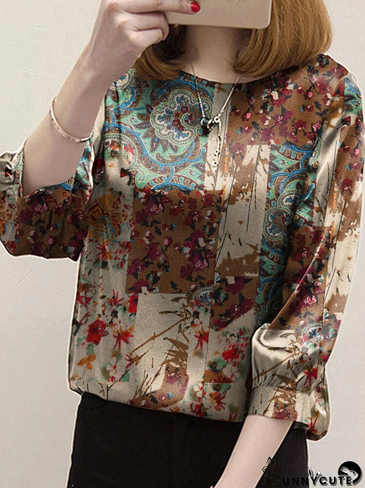 Plants Print Crew Neck 3/4 Sleeve Blouse For Women