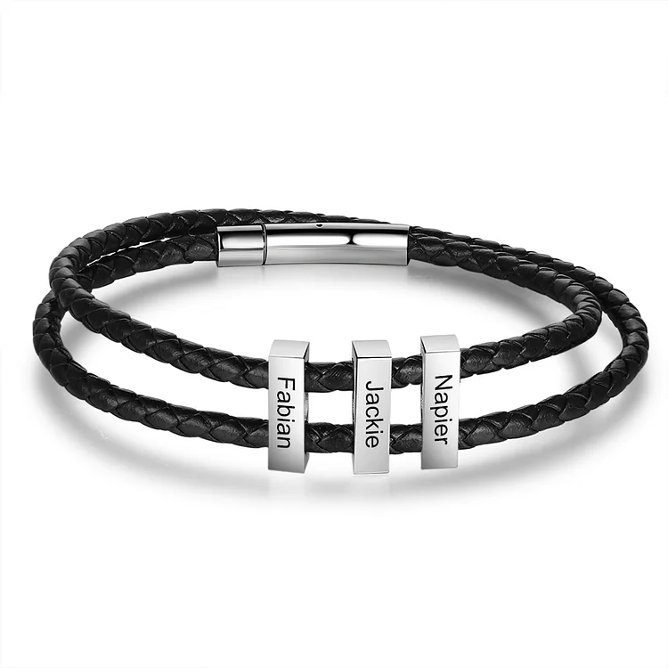 Men Leather Bracelet Engraved 3 Names Two Layer Bracelet