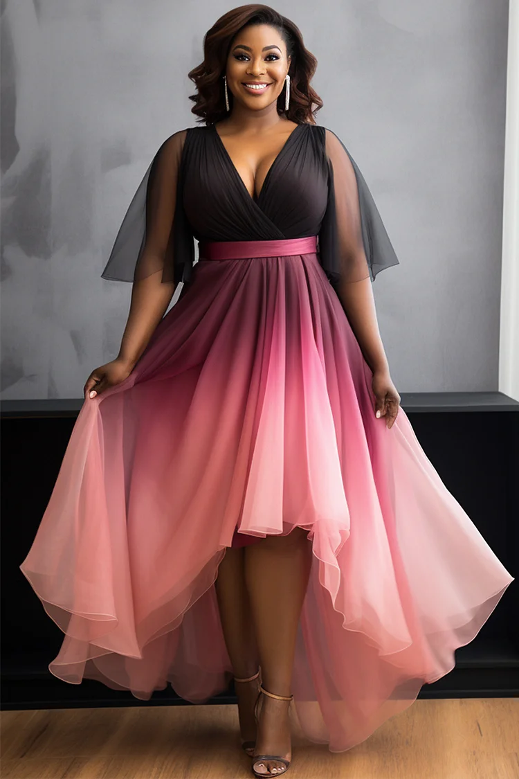 Xpluswear Design Plus Size Formal Pink Gradient V Neck Short Sleeve Asymmetric Hem Chiffon Midi Dresses [Pre-Order] 2024 - Xpluswear