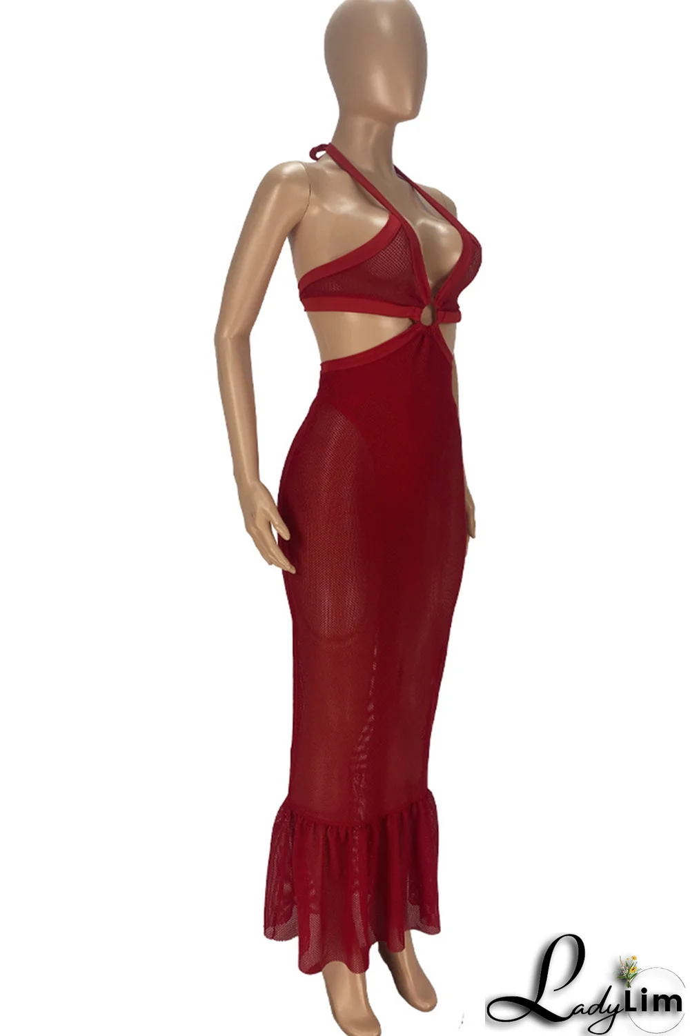 Red Sexy Solid Split Joint Halter Trumpet Mermaid Dresses