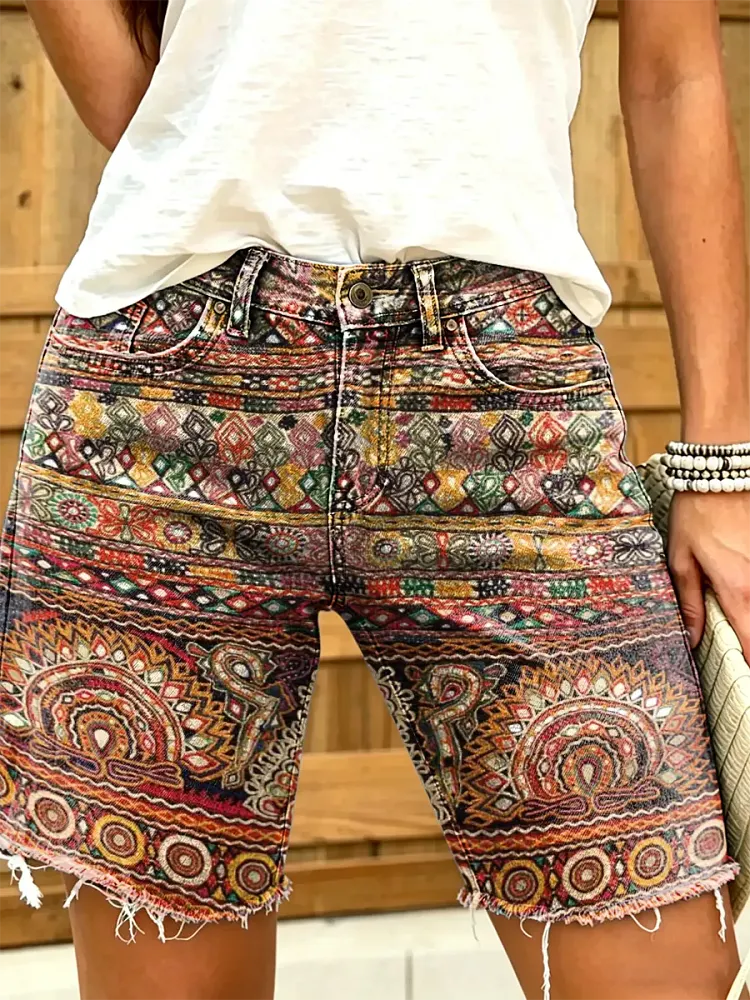 Women's Ethnic Tribal Aztec Print Frayed Hem Denim Bermuda Shorts