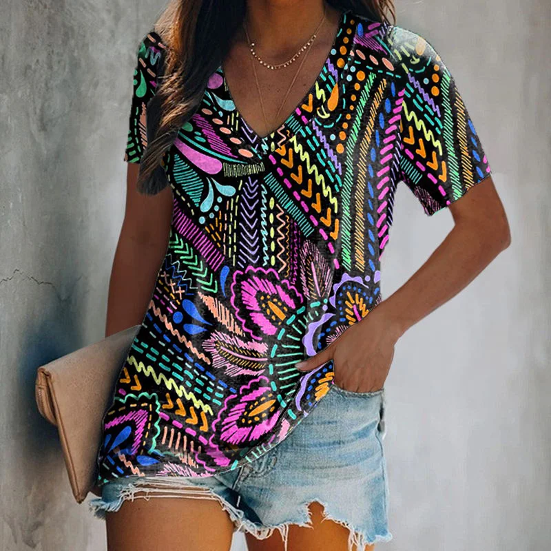 Hand-painted Patterns Print Tie-dye T-shirt