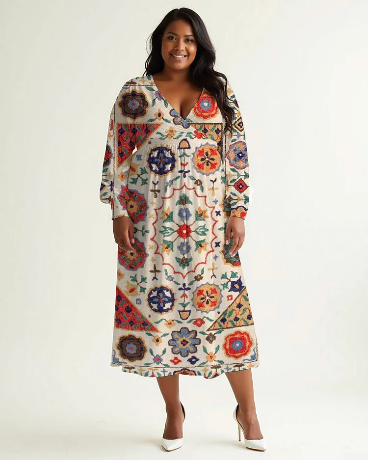Plus Size Elegant Colorful Ethnic Pattern Print Wrap Midi Dress