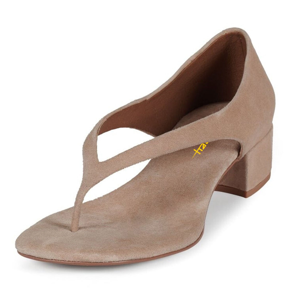 Khaki Elegant Faux Suede Square Toe Flip Flop Women's Heel Sandals Nicepairs