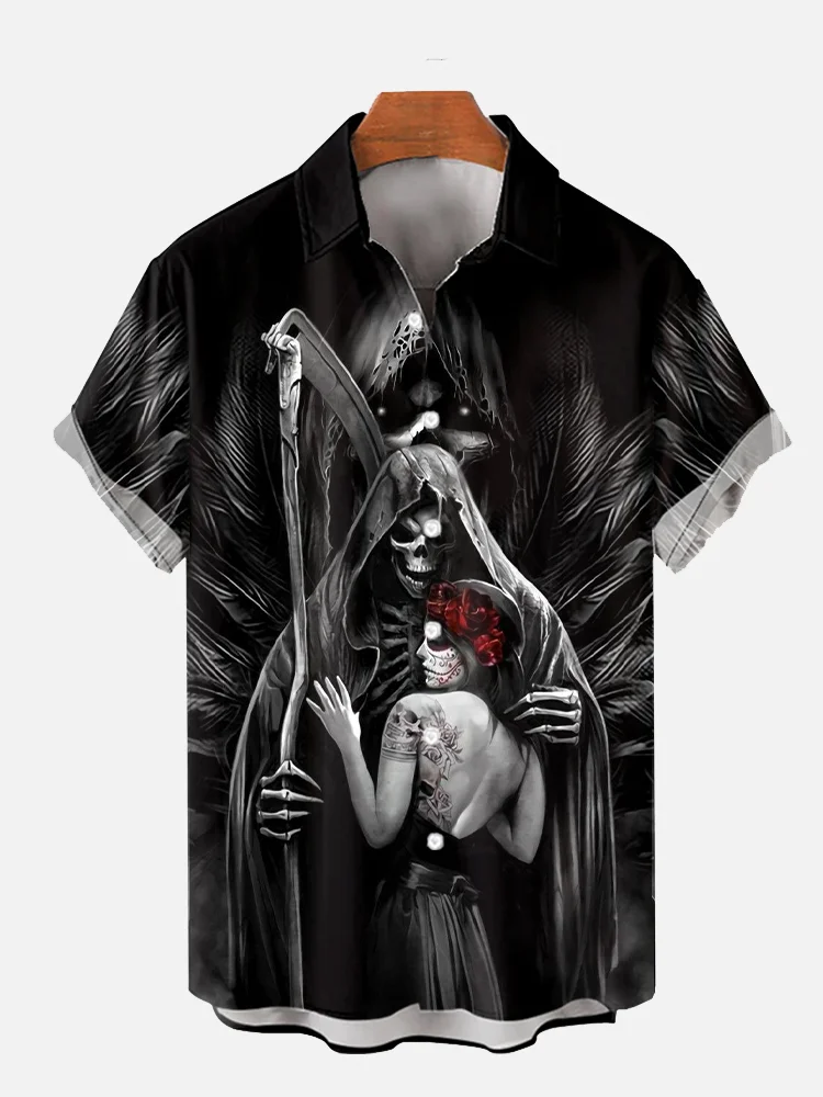 Men's Halloween Skull Love Story Print Shirt PLUSCLOTHESMAN