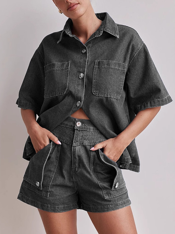 Split-Joint Short Sleeves Loose Lapel Blouses&shirts Tops GRAY-XL