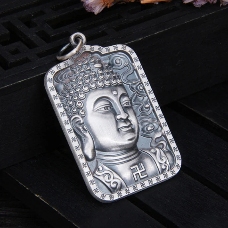 Buddha 999 Sterling Silver Swastika Heart Sutra Compassion Necklace Pendant