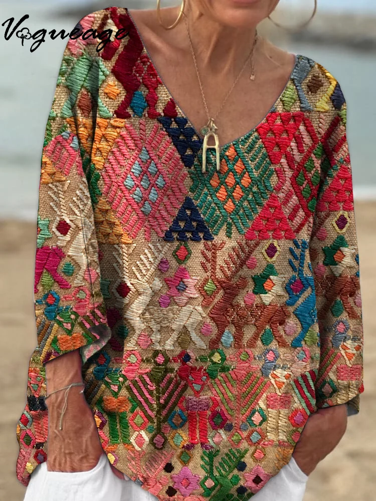 Beautiful Retro Ethnic Pattern 3/4 Sleeves Printed Cotton And Linen Shirt