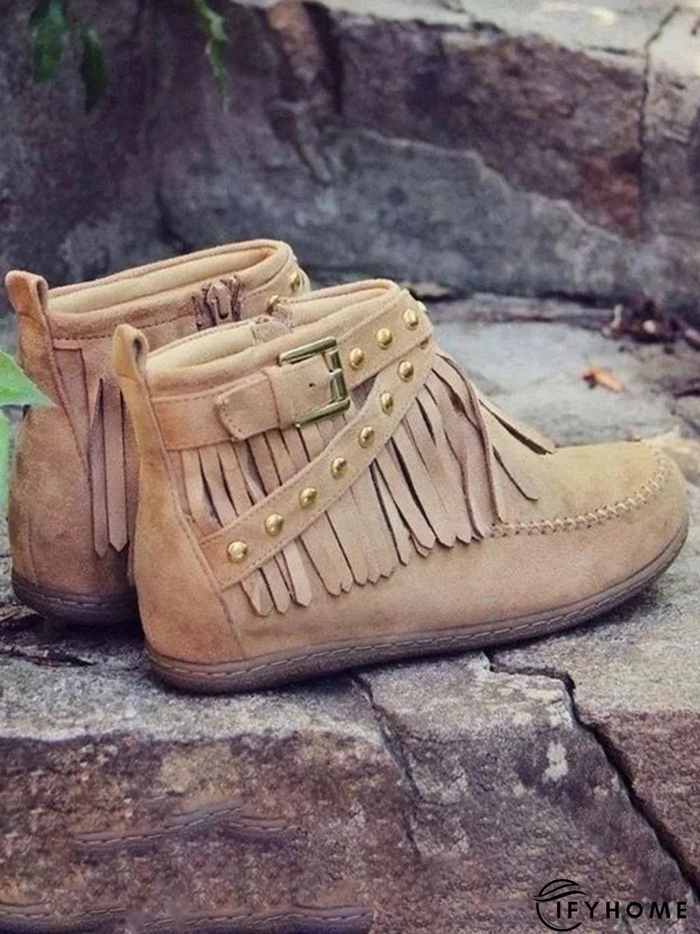 Vintage Fringe Studded Flat Round Toe Buckle Booties | IFYHOME