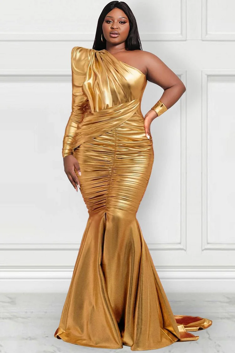 Plus Size Cami One Sleeve Maxi Gold Sequin Dress PXJ609 – ltoltoplus