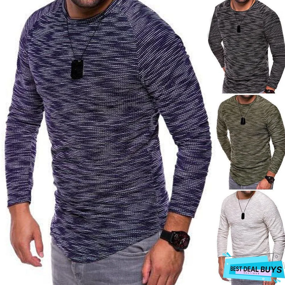 Fashion Slim Casual Long Sleeve T-Shirt Mens Autumn Fit Elastic Striped O-Neck Pullover Sexy T-Shirt