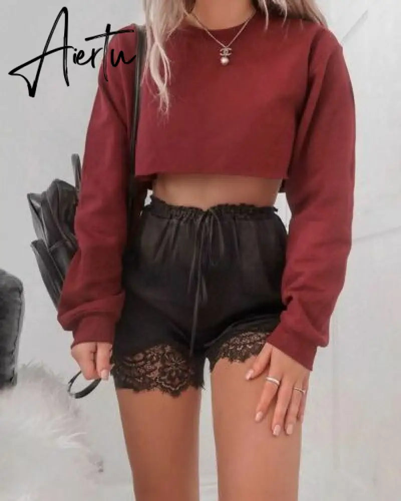 Autumn Women's Long Sleeve Top Round Neck Cotton Solid Color Pullover Ladies Crop Top Sweatshirt Tee Tops Outdoor Short T-Shirt Aiertu