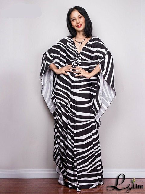 Women's V-Neck Full Sleeve Printed Kaftan Beach Cover Up
