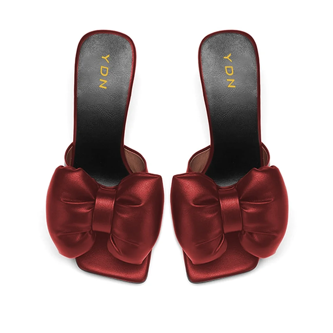 Maroon Open Square Toe Wide Band Rhinestone Bow Mules for Women