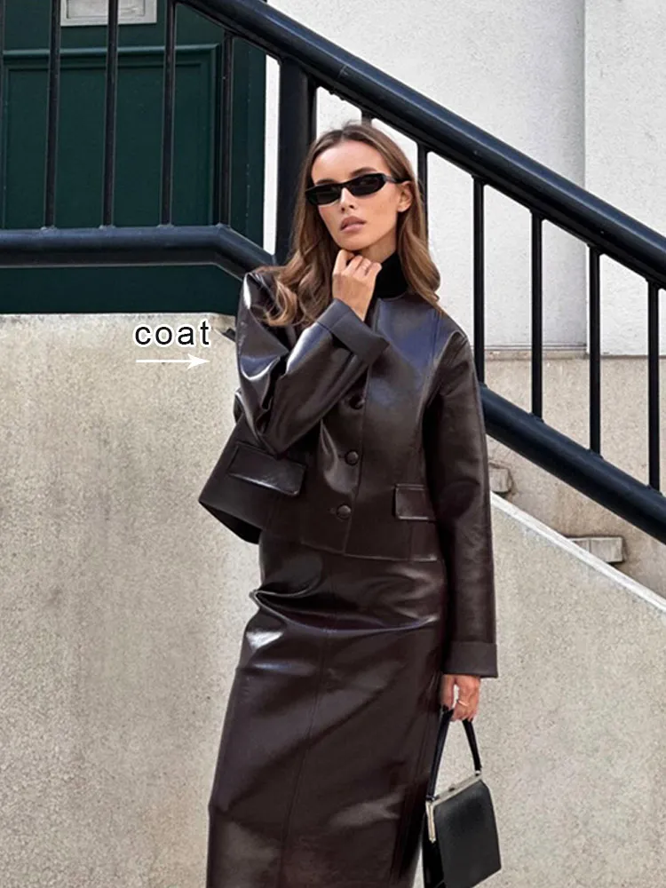Wheelsraw fall outfits y2k Vintage Round Neck Single Breasted Leather Jacket For Women Fashion Loose Flap Pocket Short Coat New Lady Street Commute Outwear