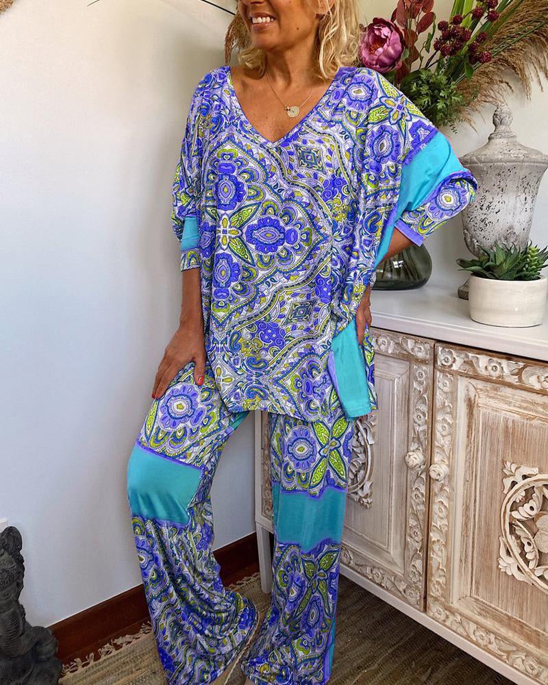 Vintage Floral Print Pajamas Two-Piece Suit