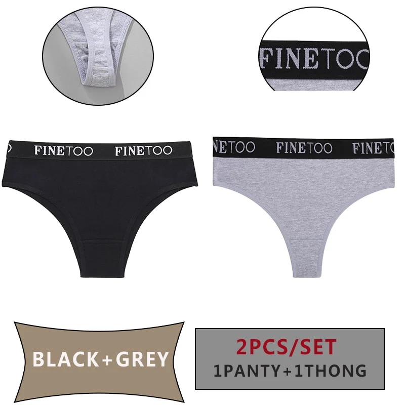 FINETOO 2PCS/Set Women Cotton Panties Sexy Letter Underwear Panty Thong Low Waisted 1Panty+1G-string Brief Tanga Lingerie Femme