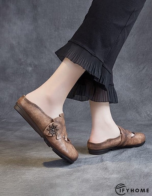 Handmade Retro Leather Leaf Flat Slippers Flat Shoes | IFYHOME