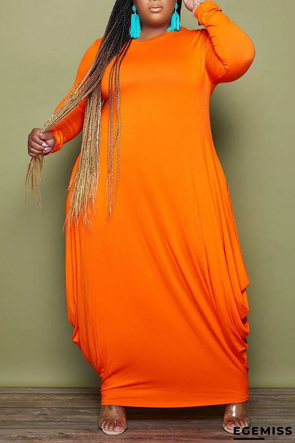 Tangerine Red Casual Solid Patchwork O Neck Irregular Dress Plus Size Dresses | EGEMISS