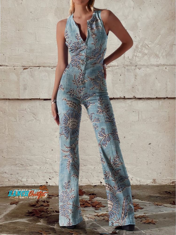 Women’s Vintage Flower Print Casual Denim Jumpsuit Multicolor / Xs