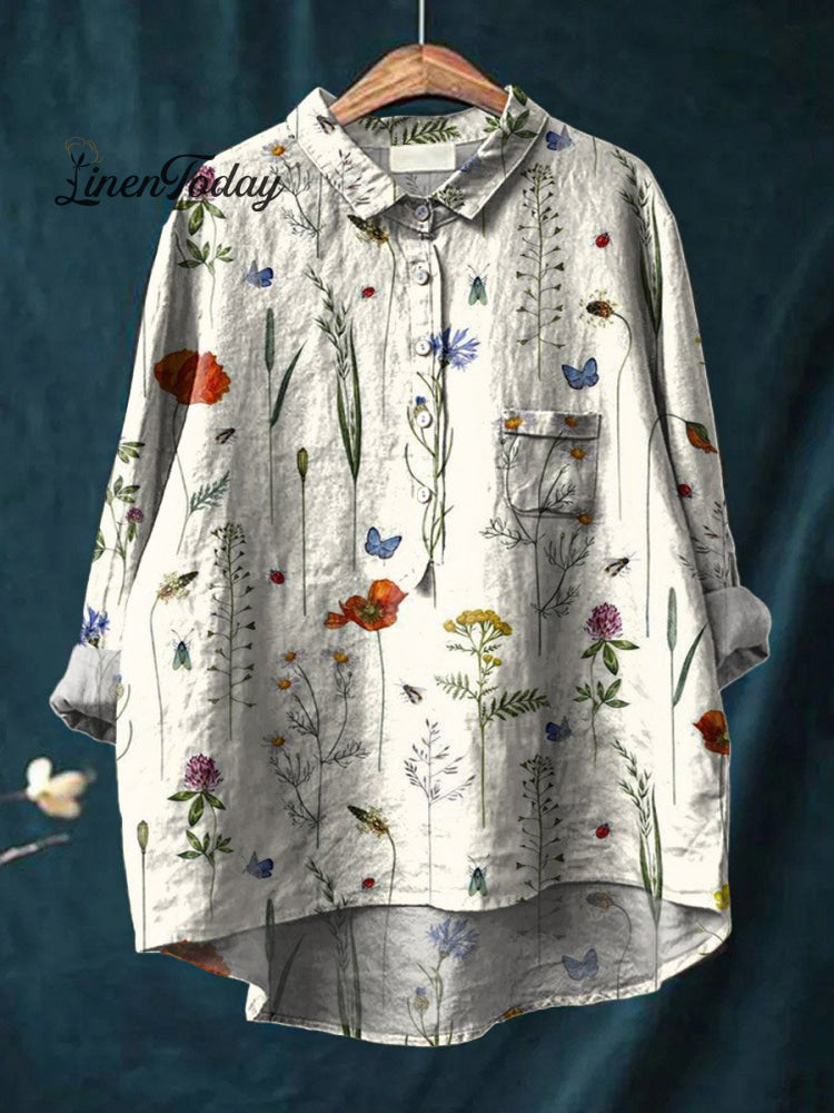 Women’s Vintage Lovely Floral Art Print Casual Cotton And Linen Shirt Multicolor / S