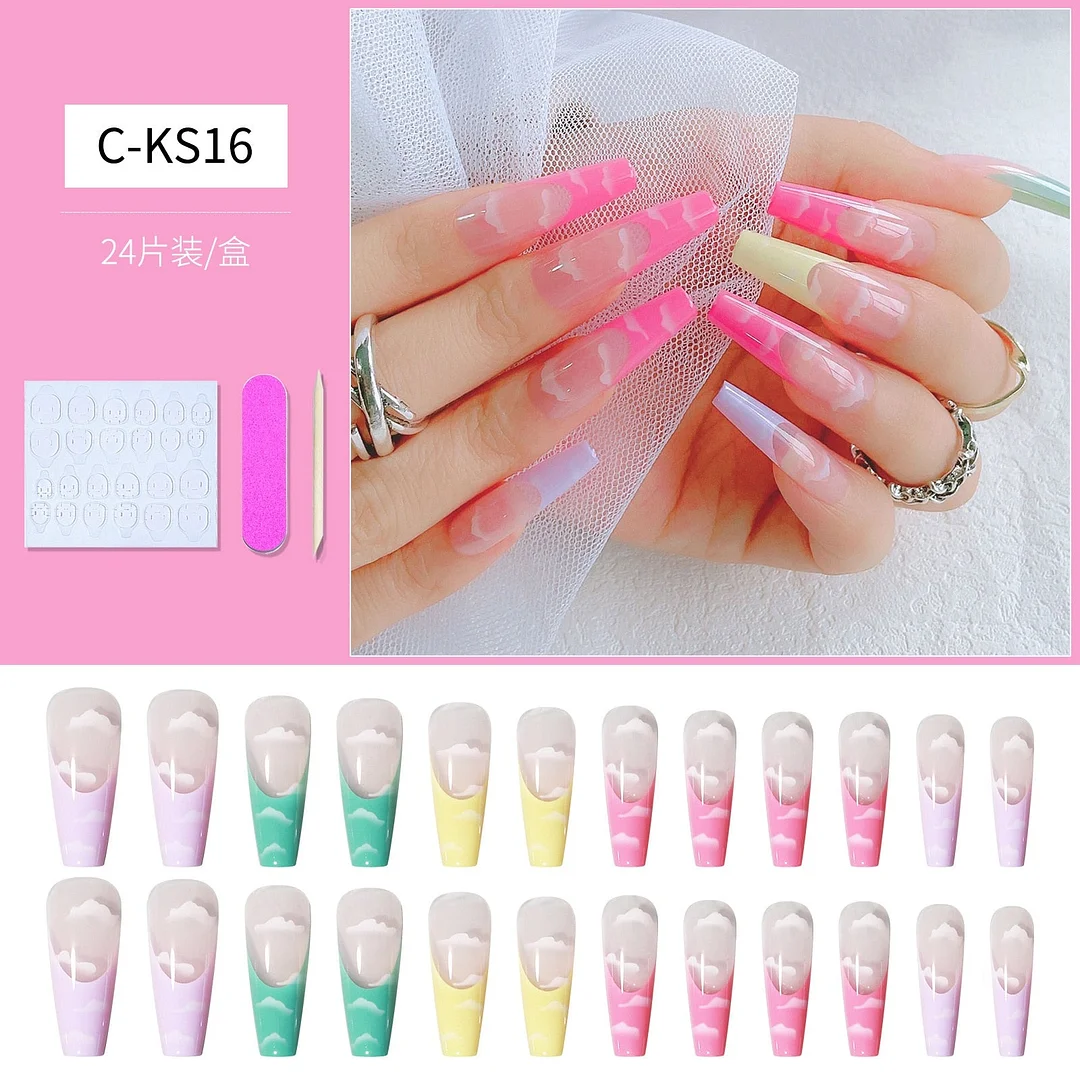 24pcs Detachable Extra Long Coffin False Nails Stick-on nails French Ballerina Fake Nails Full Cover Nail Tips Press On Nails