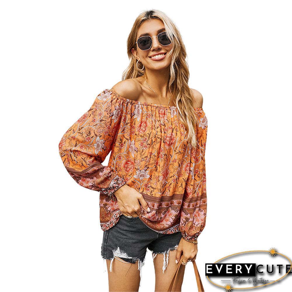 Orange Off Shoulder Floral Print Blouse