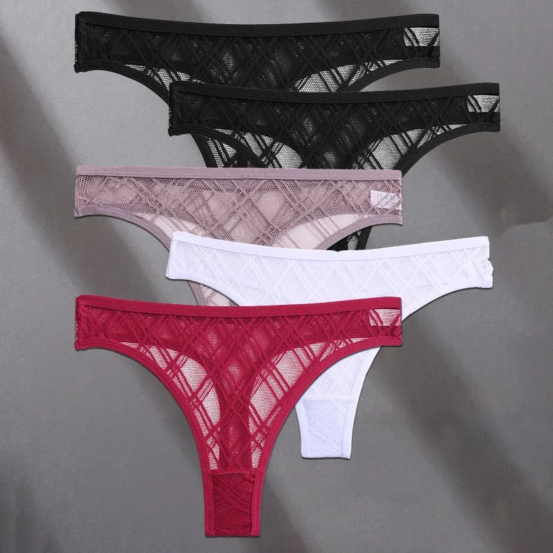 FINETOO 5PCS/Set Lace Sexy Women Thongs Floral Perspective G-string Lingerie Panties Low-Waist Femme Girls Underwear Mesh Pantys