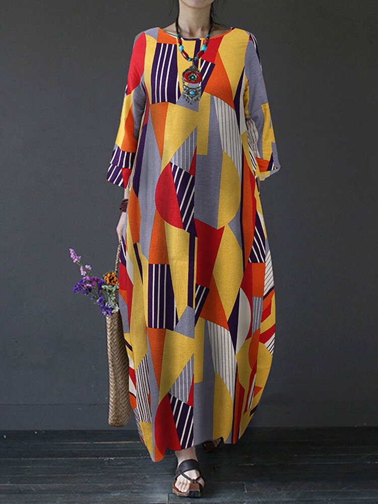 Contrast Color Geometric Print Long Sleeve Vintage Dress for Women