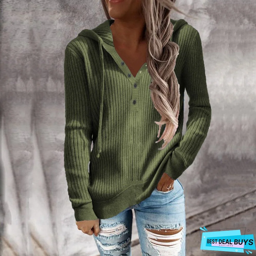 Striped Casual Hoodie Loose Open Neck Long Sleeve Sweater