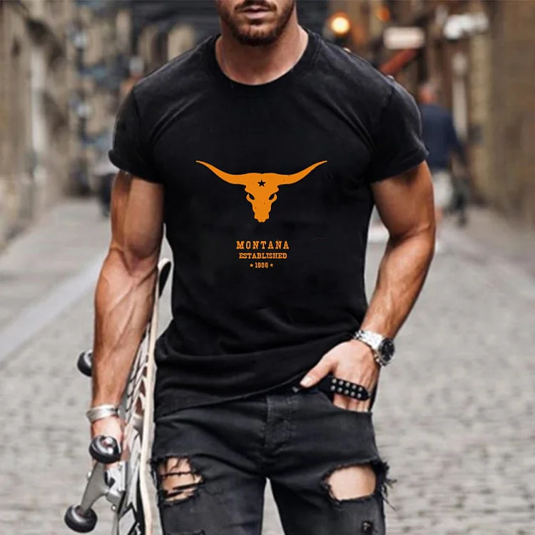 Western Bull Head Monogram Print Short Sleeves T-Shirt