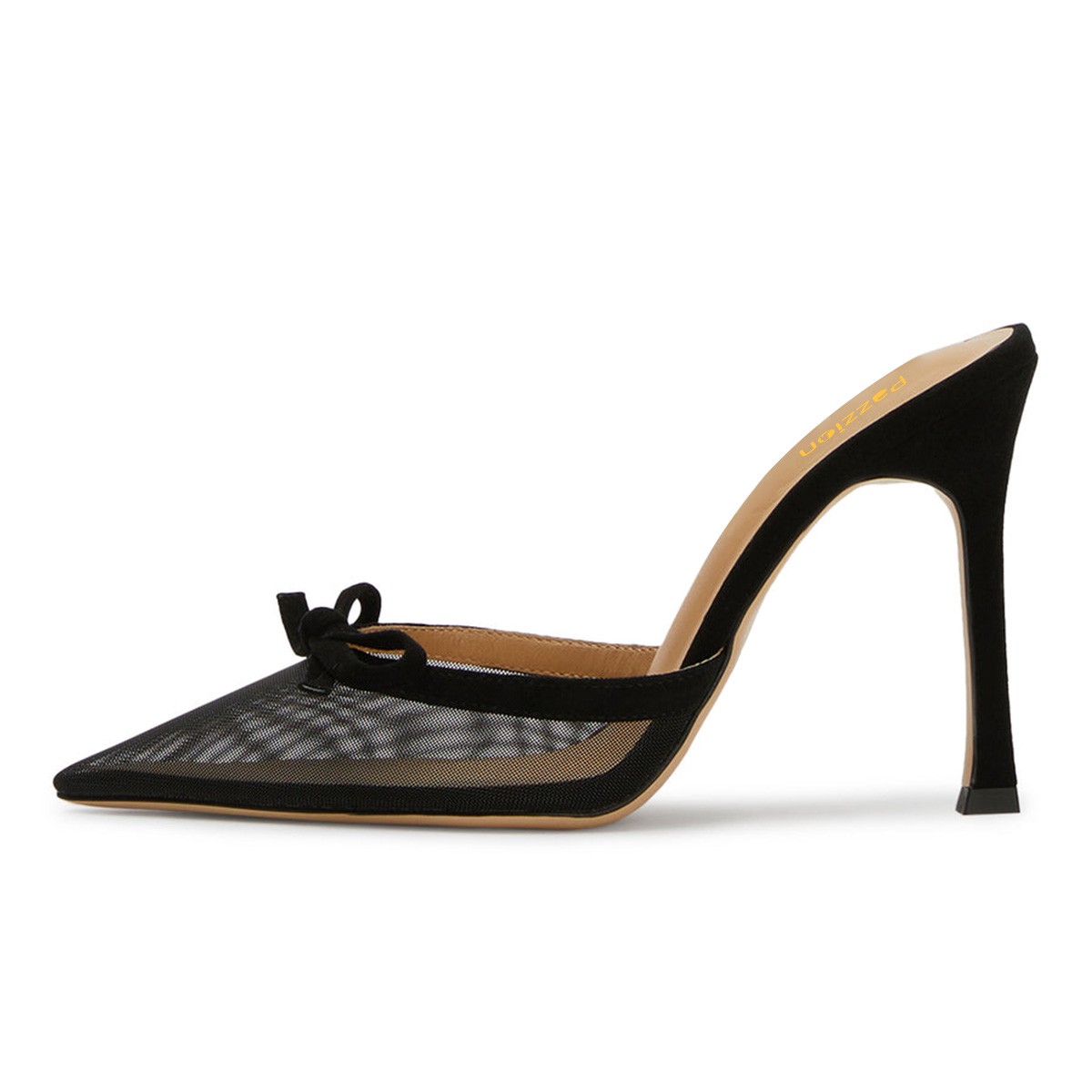 Black Mesh Bow Tie Pointed Toe Stiletto Heel Mule Shoes for Women Nicepairs