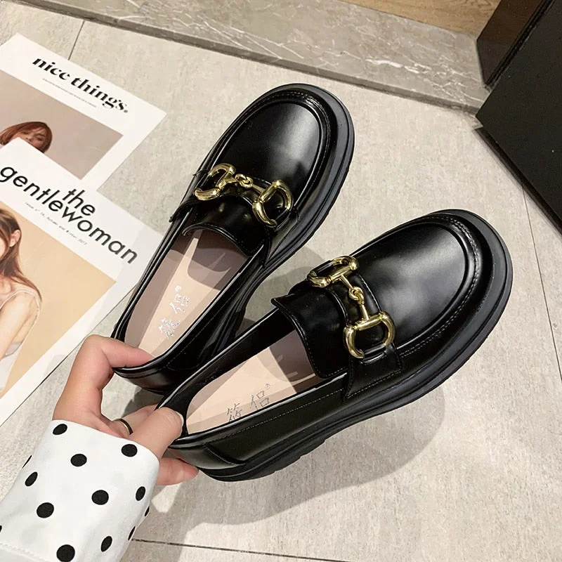 Flats Leather Casual Shoes Metal Buckle Platform for Women 2021 Oxfords Women's Loafers Genuine Moccasins Slip-on Autumn