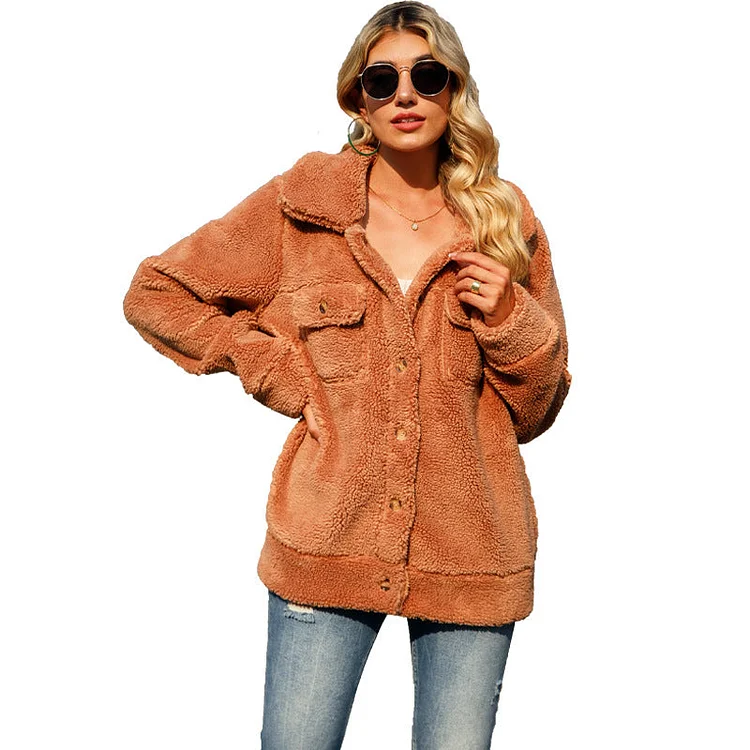 Long Sleeve Loose Mid Length Double Sided Faux Fur Coat Camel