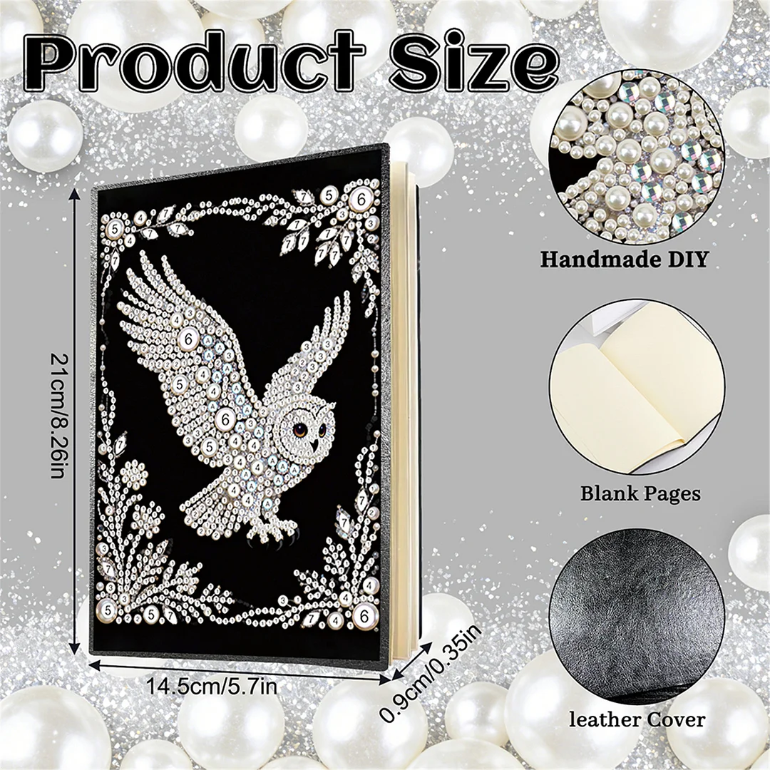 Owl Partial Pearl DIY 50 Pages A5 Diamond Painting Notebook Special Shaped Diamond Art Diary Book Kits Wireless Strip 5D Crystal Art Paintings Sketchbook for Art Drawing