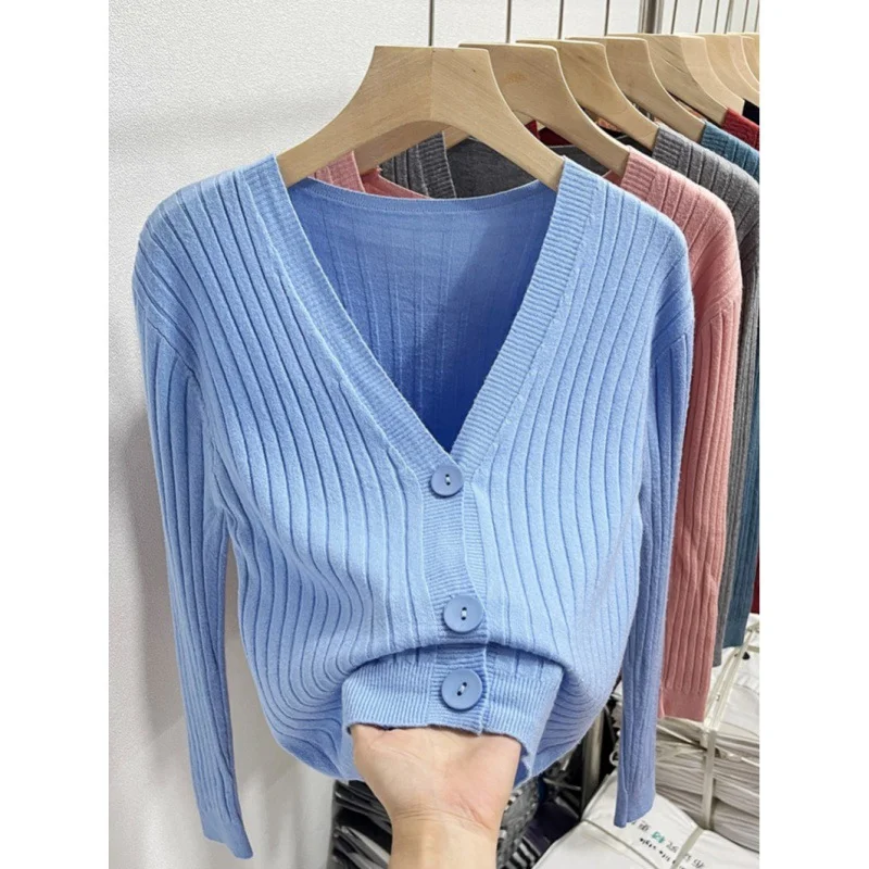 Uveng Uveng Knitted V-Necked Cardigan Trend New Thin Shirt Sweater Coat Short Top Female