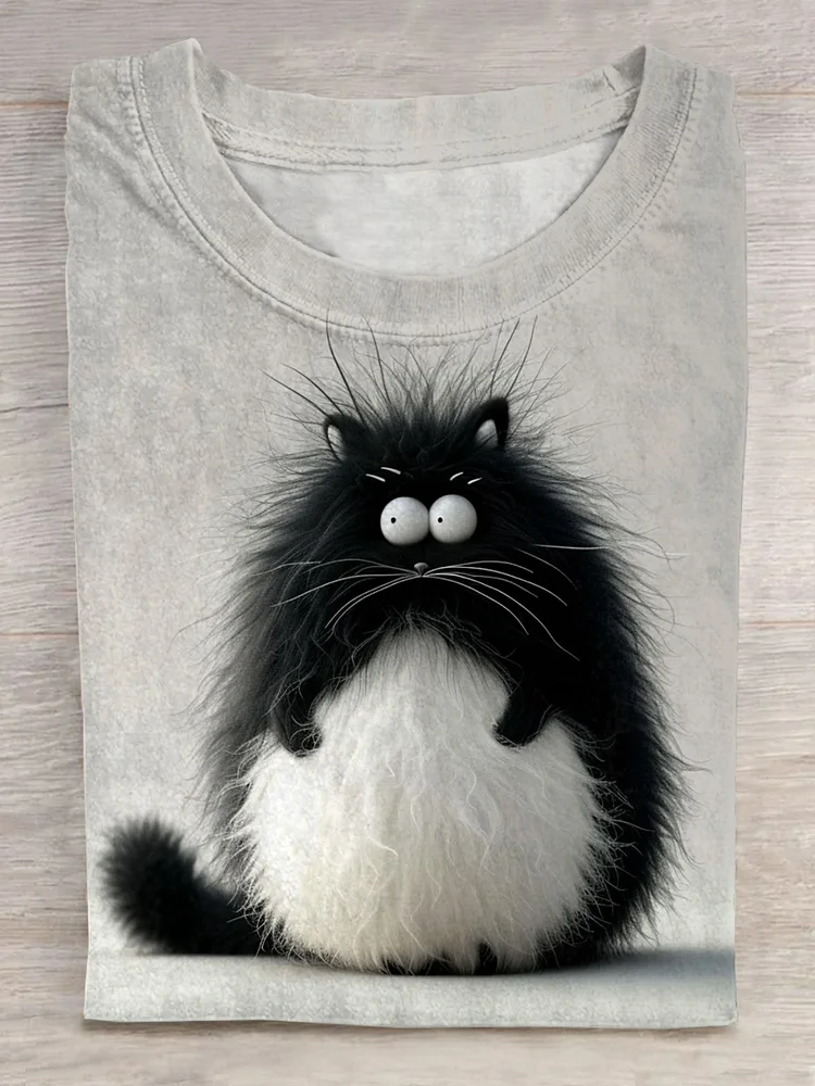 Cute Fluffy Cat Art Print Short Sleeve Casual T-shirt