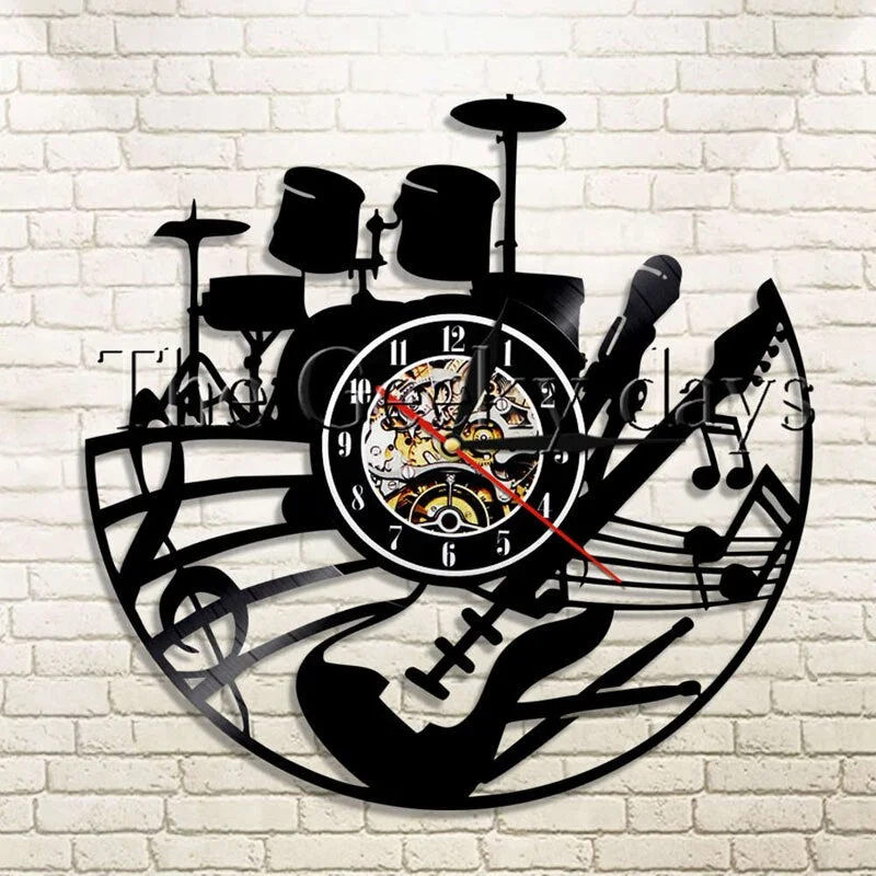 Acoustic Guitar Drum Vinyl Record Wall Clock Rock Music Theme Wall Art Musical Instrument Vinyl Clock Wall Watch Home Decor