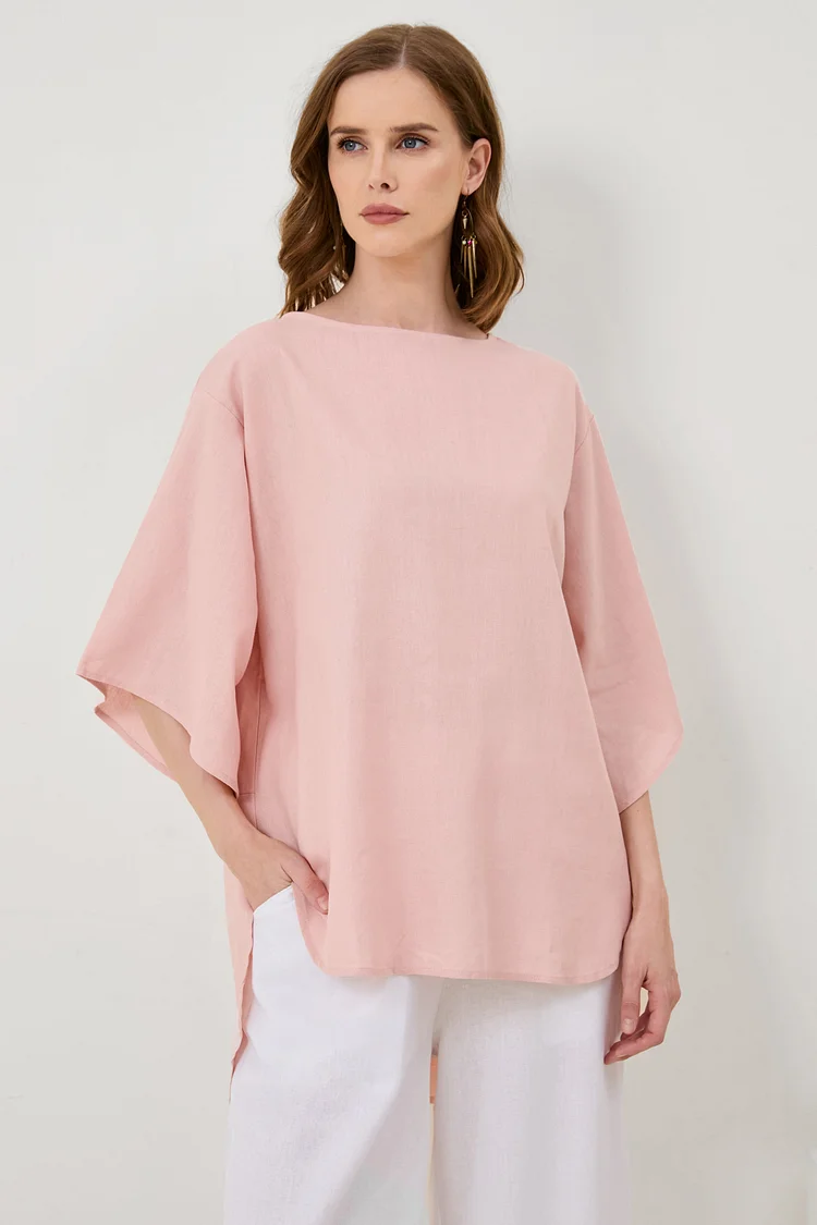 Cotton And Linen Solid Color Retro Round Neck Fashion Loose Top[ Pre Order ]