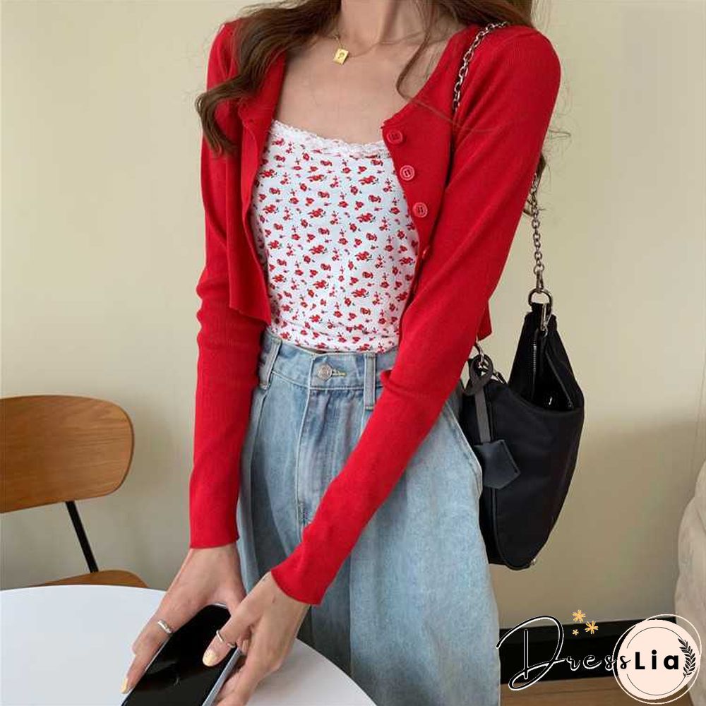 Ribbed Knit Flower Prints Cropped Cami Tops Lace Trim Tank