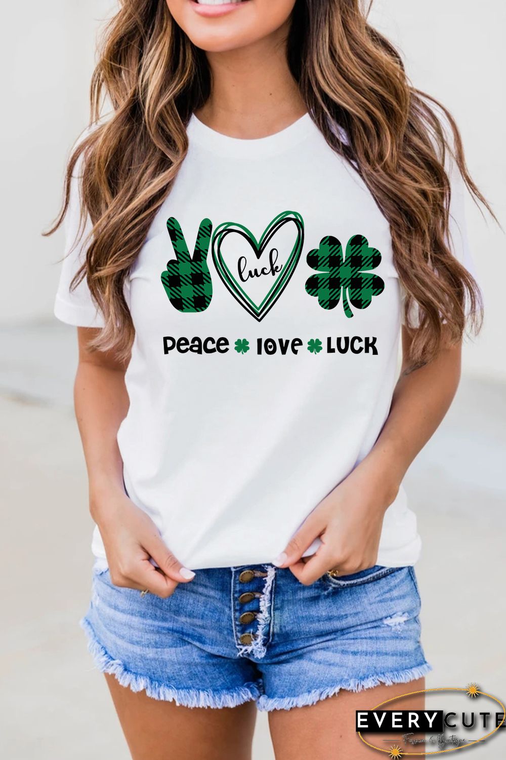 White St. Patrick's Day Letter Plaid Clover Graphic Print T-shirt
