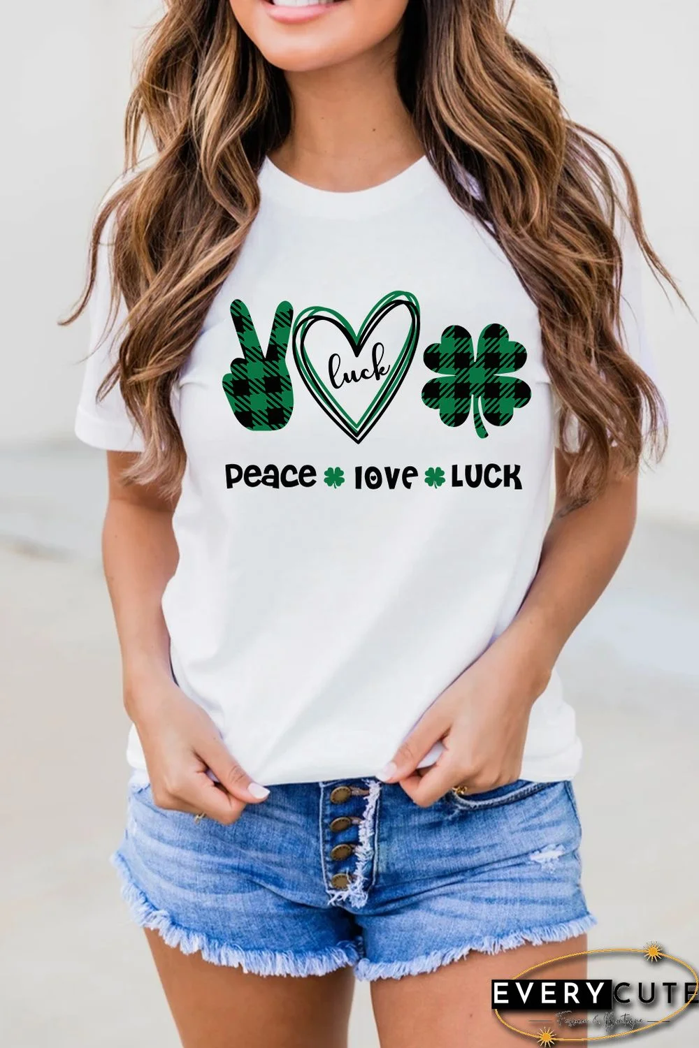 White St. Patrick's Day Letter Plaid Clover Graphic Print T-shirt