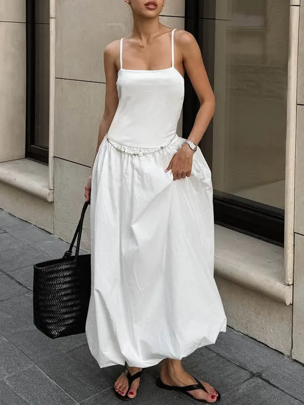 Loose Sleeveless Pleated Solid Color Split-Joint Spaghetti-Neck Midi Dresses