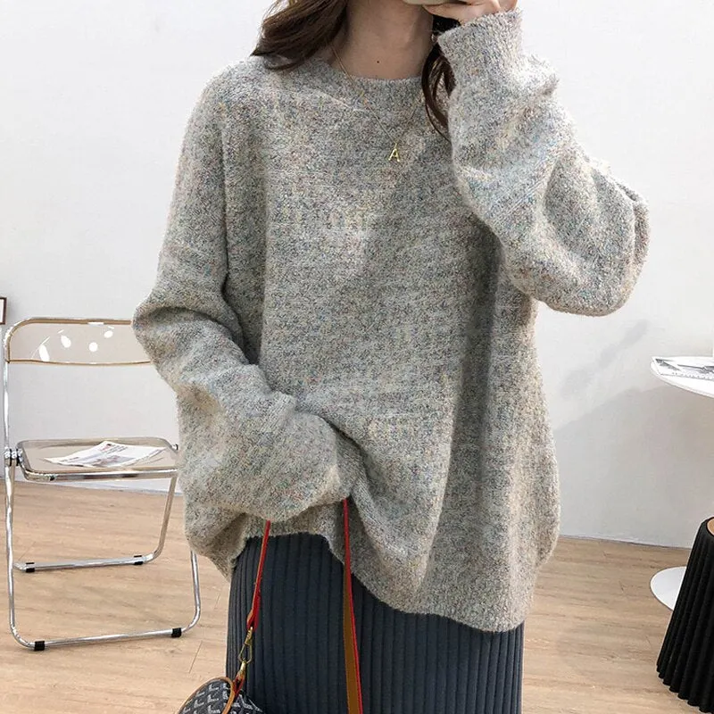 Autumn and winter women's sweater casual solid color round neck long sleeve loose sweater