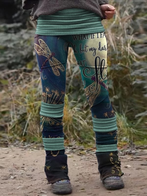Retro dragonfly print stitched thermal integrated Leggings